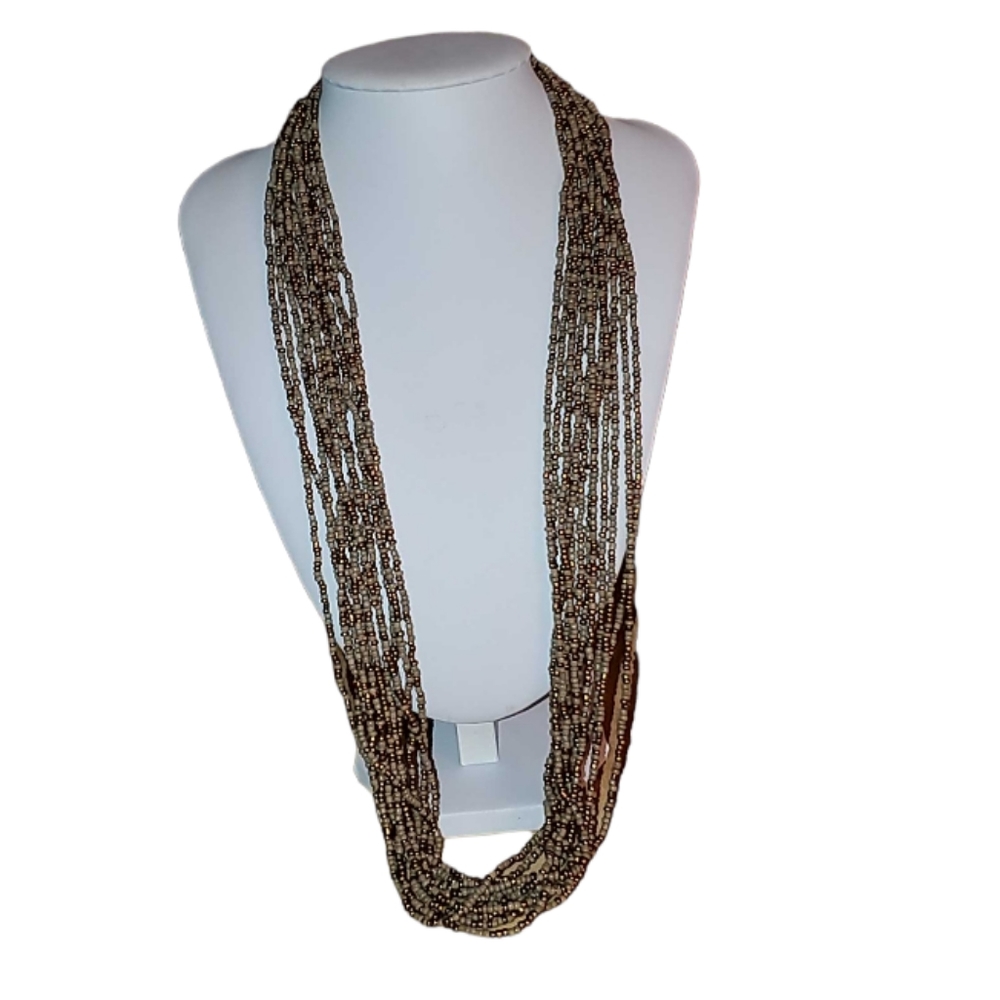 26" Layred Beaded Party Necklace 12 Strands Golden & Gray Dainty Boho Jewelry